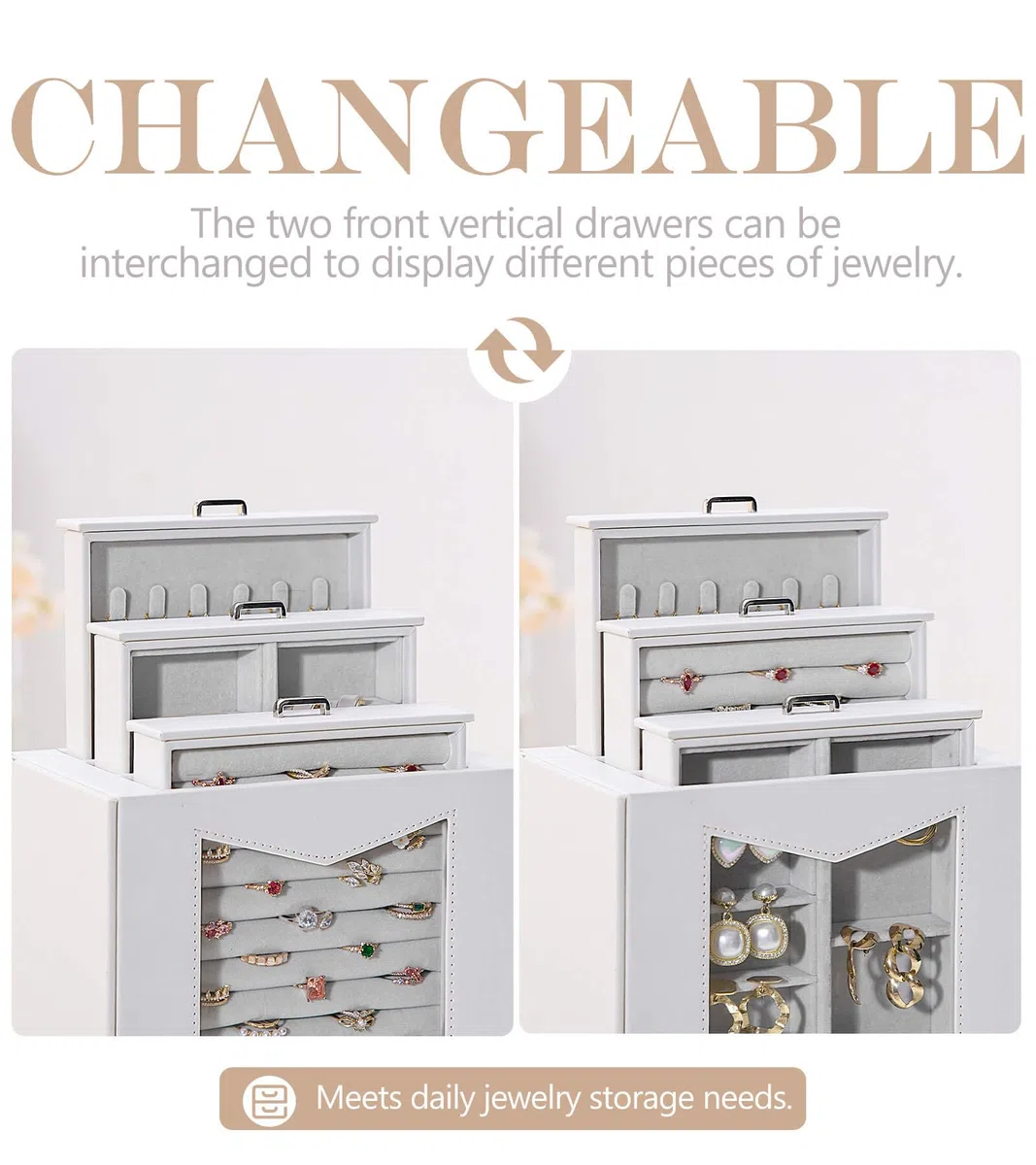 Homde Joyero con ventana de cristal real, collares, ganchos, joyero, armario para collares, anillos, pendientes, pulseras, regalo para mujeres, color blanco | Organiza collares, anillos, relojes y pendientes, mesa de tocador, ventana transparente y gancho