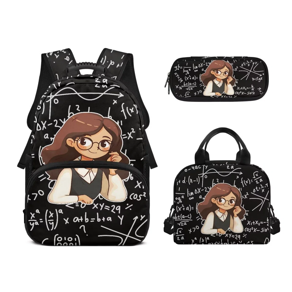 Biyejit Juego de mochilas escolares 3 en 1 para niñas, con bolsa de almuerzo, estuche para lápices, mochila escolar informal para niños, mochila escolar de 17 pulgadas, regalo, Profesor de matemáticas