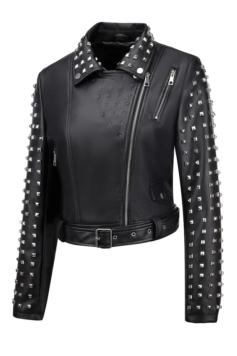 Giolshon Mujer Chaqueta de cuero sintético Remache tachonado Moto Floral Biker Abrigo de solapa corta