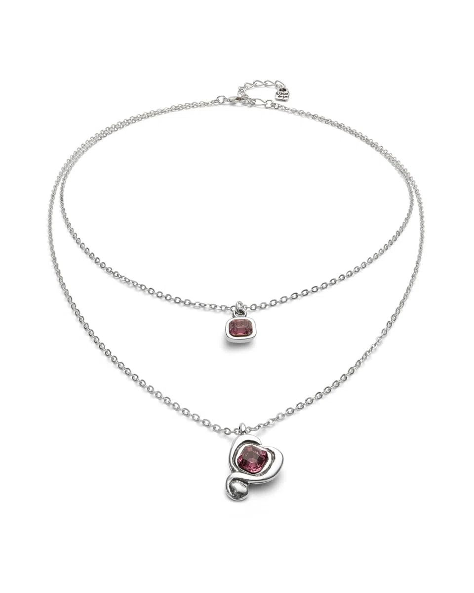 UNOde50 | Colgante De Aleacion De Metales | Bañado En Plata de Ley | Cadena Doble Y Corazon Con Cristal Rosa| Joya Artesanal | Hecho en España