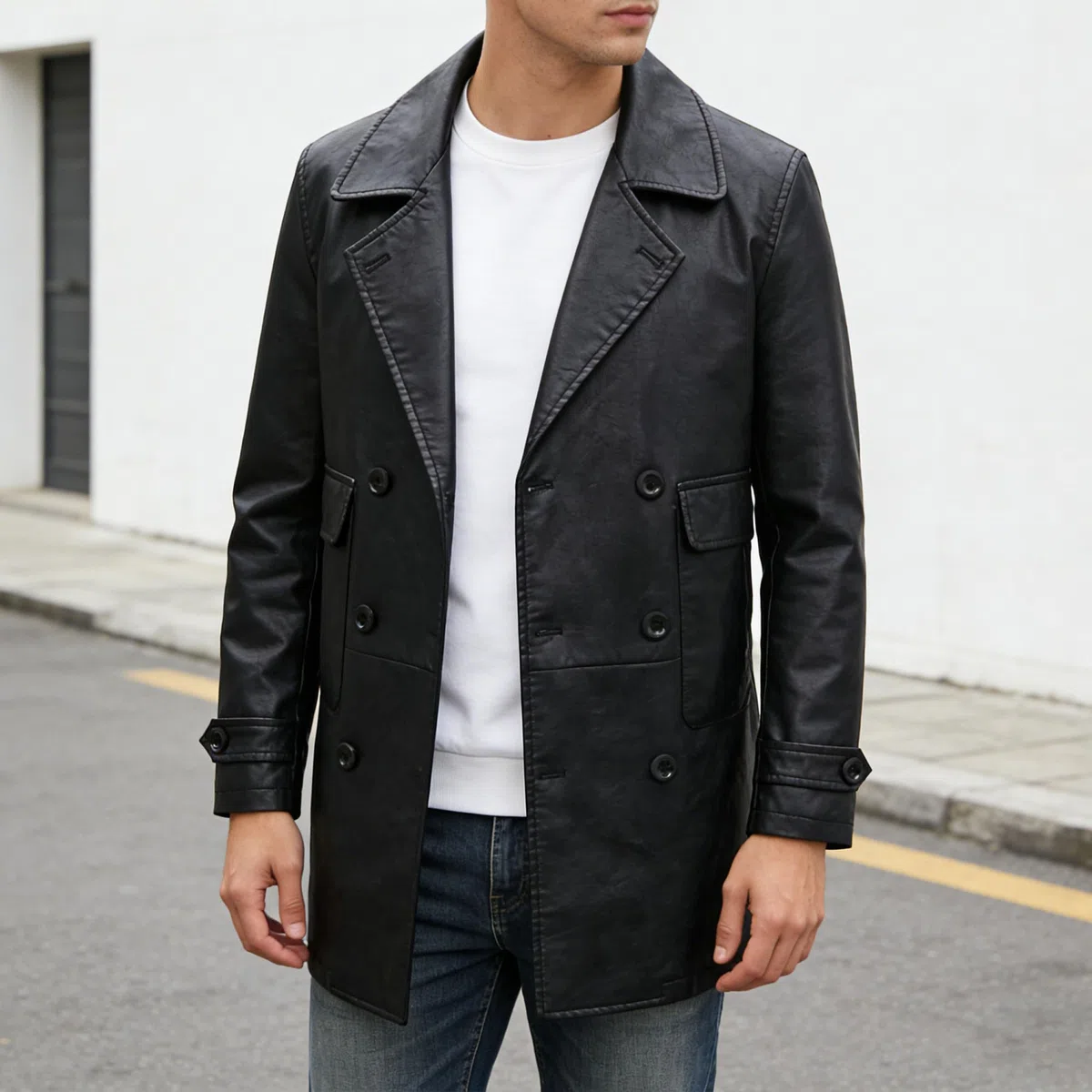 Chaqueta blazer cruzada de piel sintética para hombre, estilo motero, corte entallado, abrigo formal, elegante chaqueta de vestir.