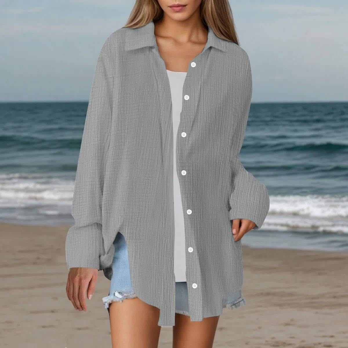 Camisas de lino con botones para mujer, de verano, transpirables, de manga larga, con cuello, de lino, algodón, a la moda, casuales, holgadas, de muselina, de gran tamaño, ligeras, color liso