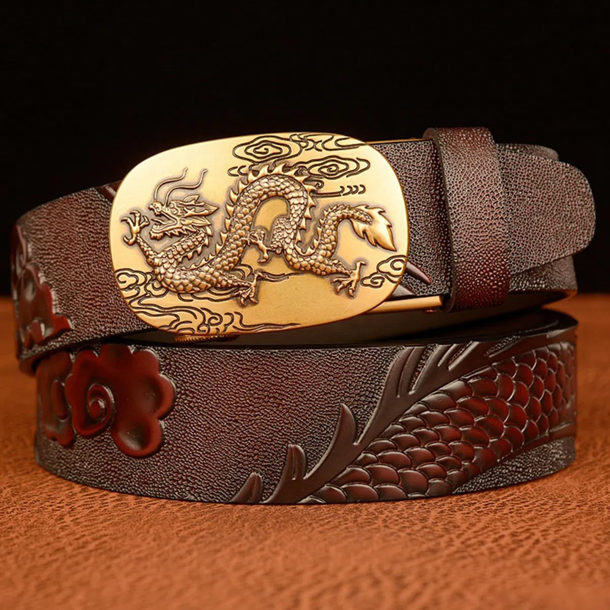 Cinturón De Trinquete para Hombre Hebilla Automática Deslizante Dragon Cinturones De Dragón Tallado En Relieve Longitud 110-130cm Correas De Cuero De Vaca(115cm/45, Coffee)