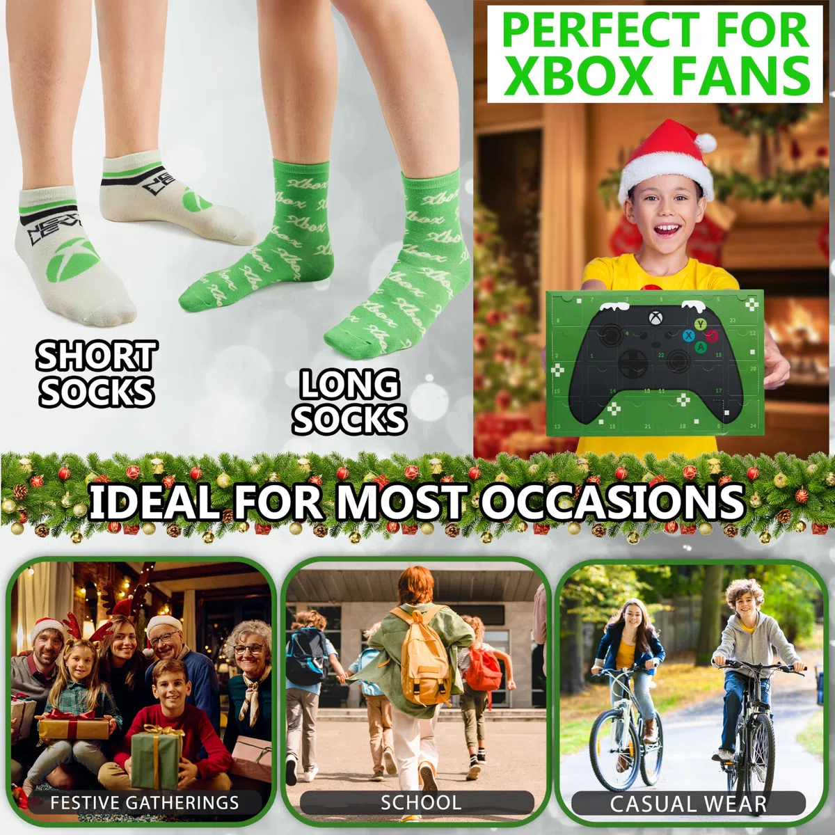 Get Trend Xbox Calendario Adviento 2025 con 24 Pares Calcetines Originales para Niños Adolescentes, 35-40, Diseños Videojuegos Divertidos (Verde Xbox)