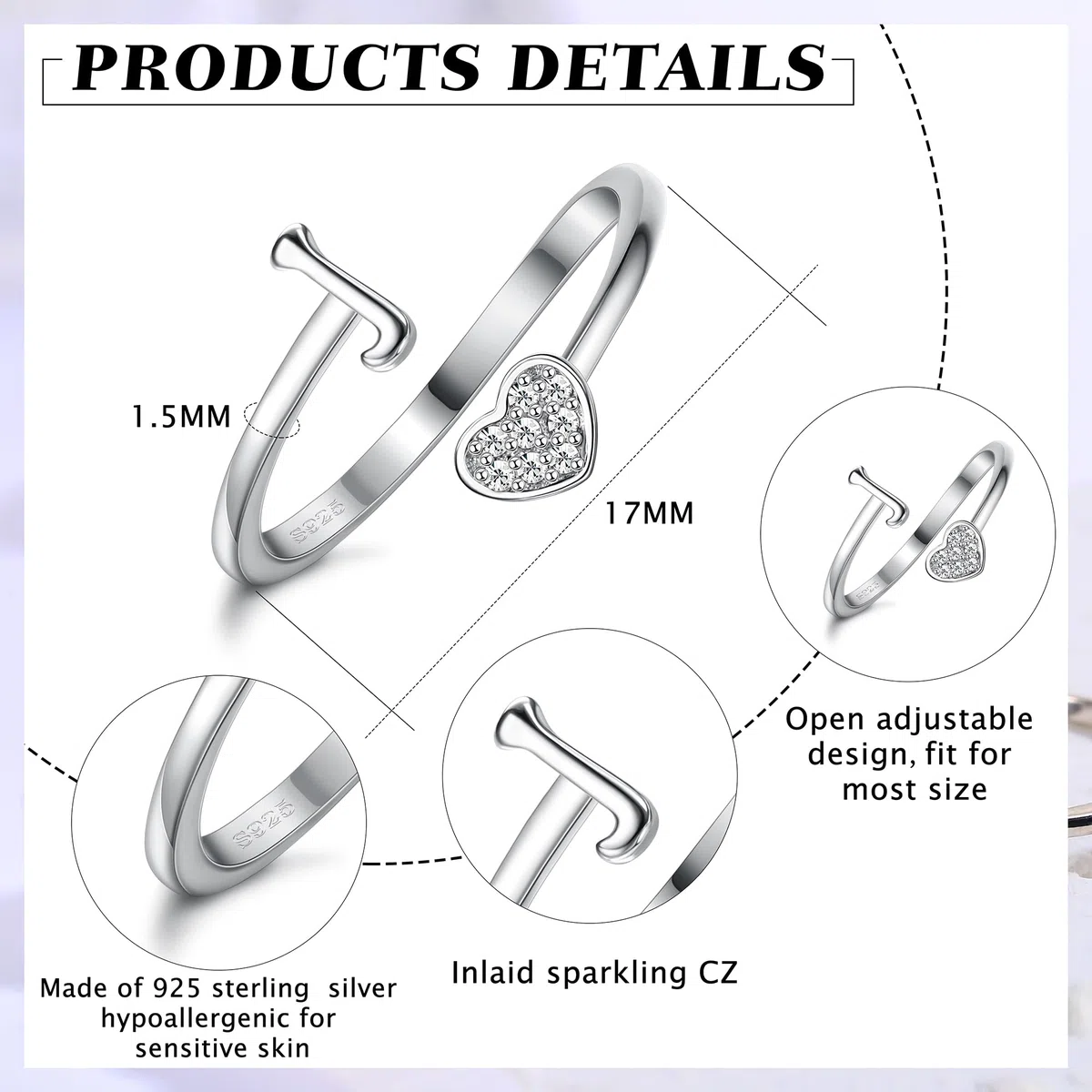 WBDWWTD MILACOLATO Anillos de Plata de Ley 925 con Inicial de corazón para Mujeres y niñas - Anillos con Letras del Alfabeto Ajustables apilables chapados en Oro de 18 Quilates para Adolescentes
