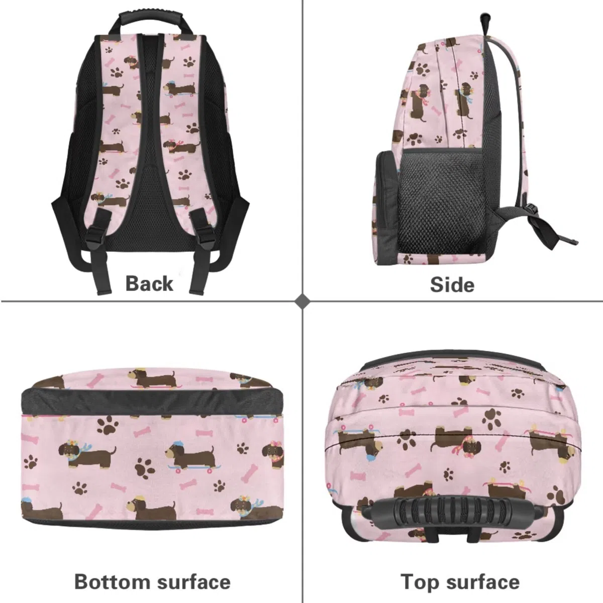 Xoenoiee Mochila escolar para niños con lonchera, estuche para lápices y soporte para botella de agua, para niños y niñas, animales lindos, Dachshund Dog Bone Paw Pink