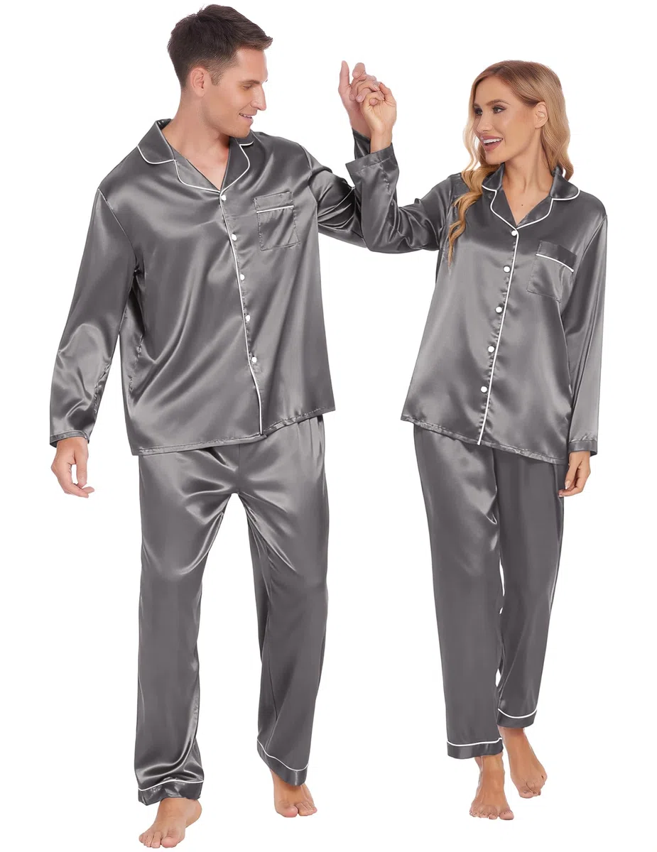 Ekouaer Pijamas a juego para parejas, de seda, de manga larga, de satén, suave, con botones, tallas S-XXL, Gris oscuro, Medium