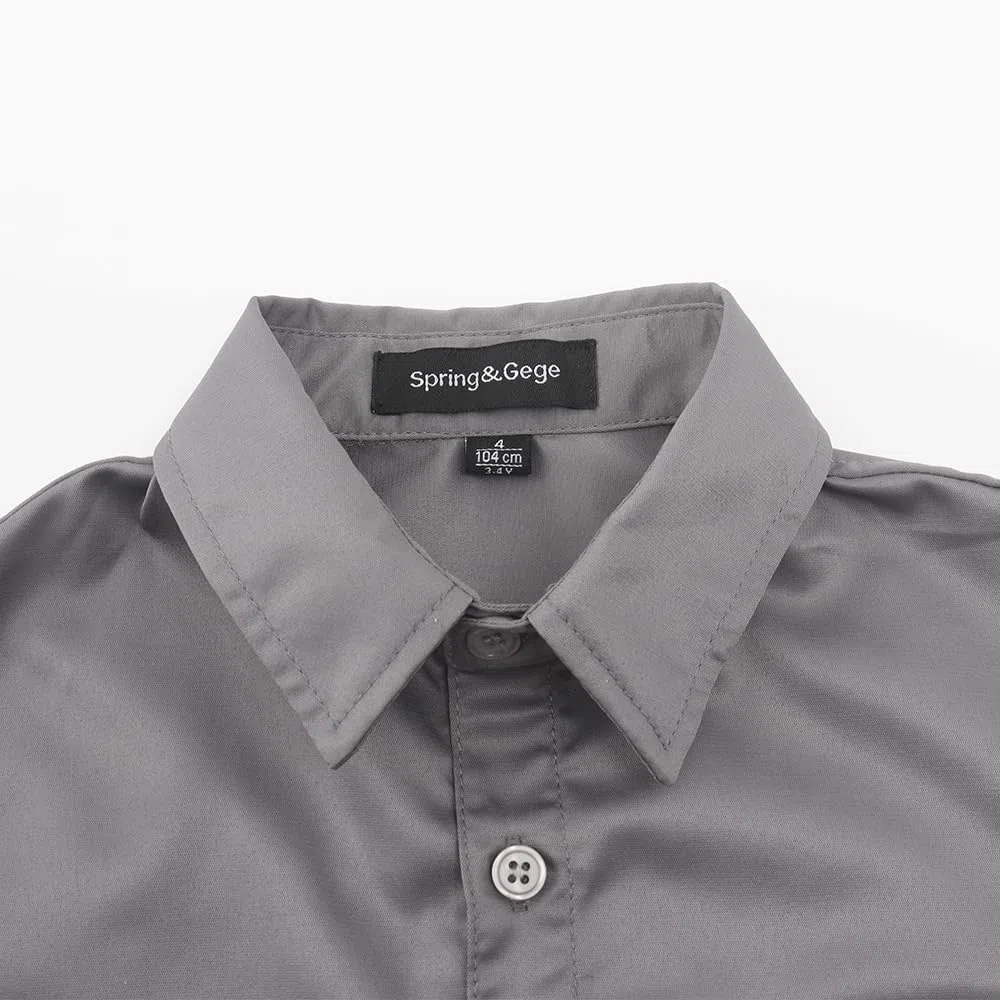 Spring&Gege Camisa de vestir de satén de manga larga para niños, sin arrugas, lisa, formal, con botones