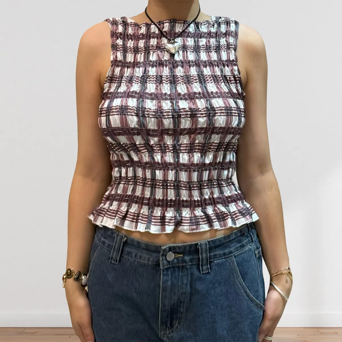 Sexy Outfit Camiseta sin Mangas con Cuello Barco y Dobladillo con Volantes para Mujer, Blusa de Verano Ajustada con Pliegues para Uso Diario Informal