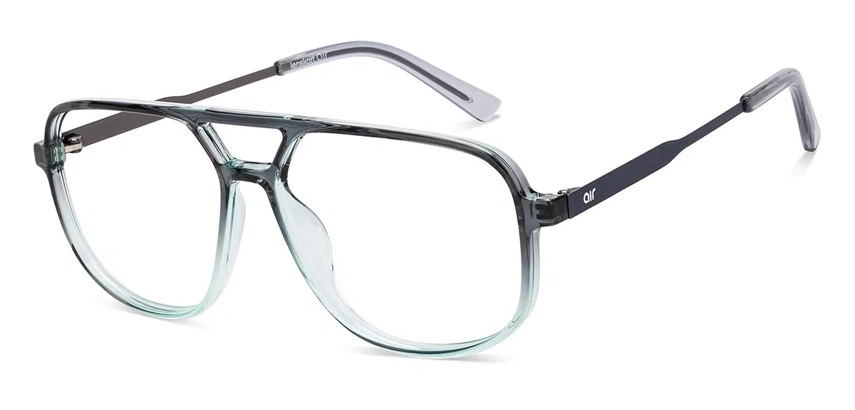 LENSKART AIR Signia Zero Power Bluecut - Gafas para ordenador (duraderas, flexibles y ligeras) | Gris verde transparente en forma de lágrima | Para hombre y mujer | L | LA E14962