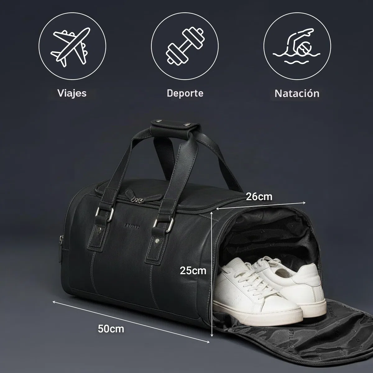 STILORD Salvador Bolsa de Viaje Hombre de Cuero con Compartimento para Zapatos Duffle Bag 30L – Pequeño Equipaje de Mano Travel Bag Piel Autentica para Viaje y Deporte Color:Negro