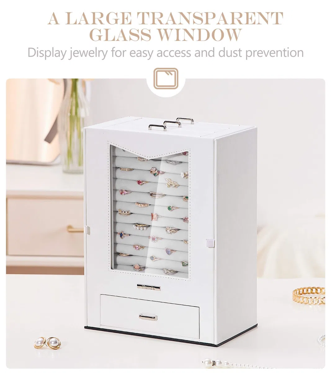 Homde Joyero con ventana de cristal real, collares, ganchos, joyero, armario para collares, anillos, pendientes, pulseras, regalo para mujeres, color blanco | Organiza collares, anillos, relojes y pendientes, mesa de tocador, ventana transparente y gancho