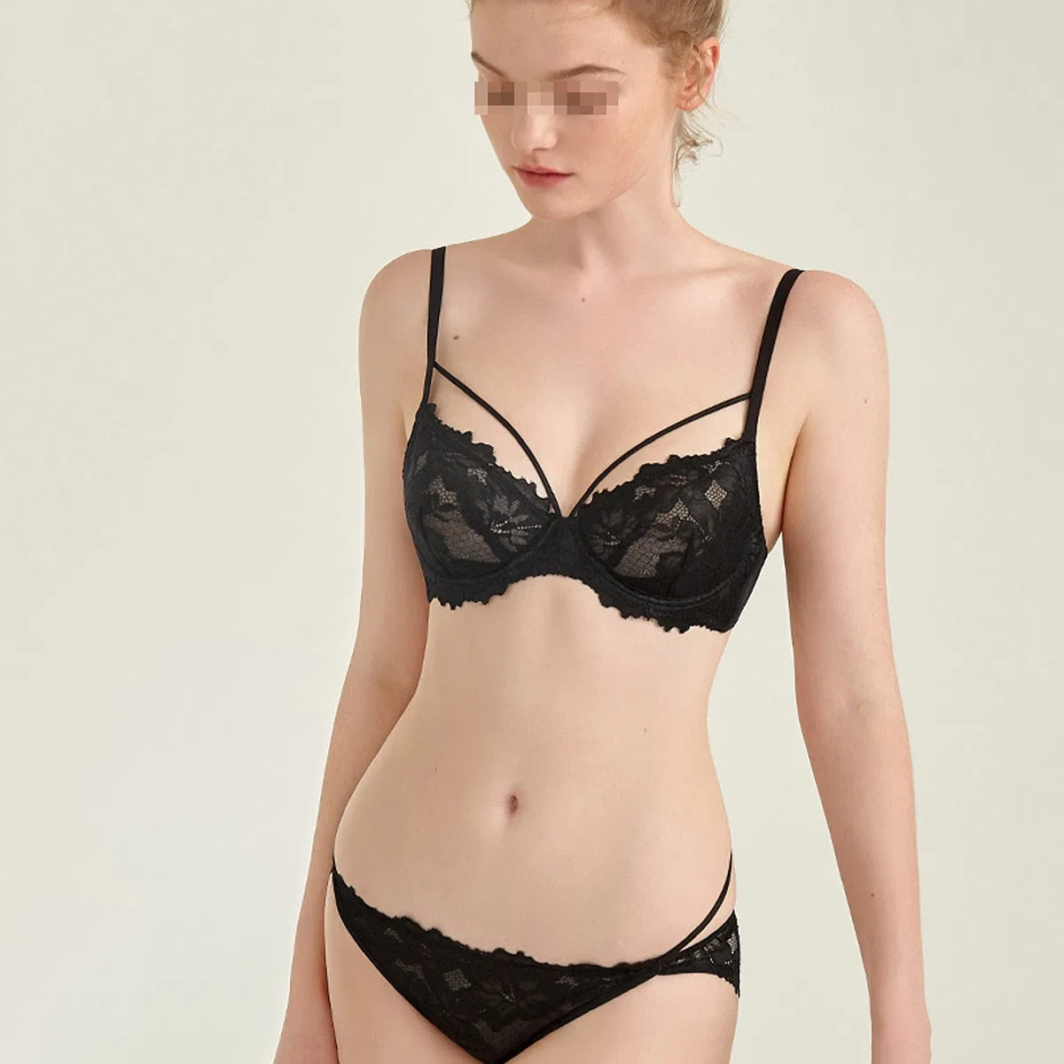WENJUN Conjunto de sujetador y bragas sexy para mujer, lencería de encaje con aros, sujetador transparente no acolchado, bralette de vendaje fino (color negro, tamaño: 85E)