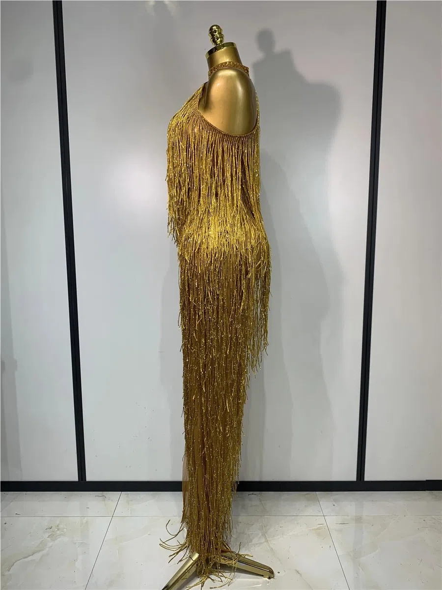 Vestido Sexy dorado con borlas de cristales brillantes for mujer, vestido elegante for graduación, fiesta noche, club nocturno, vestidos for sesión fotos cumpleaños para Bailes y Fiestas