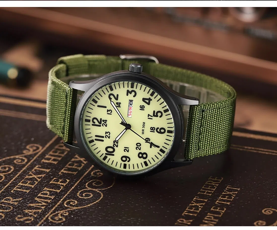 Gosasa Relojes militares unisex deportivos con correa de nailon elegante para hombre, reloj de moda luminoso, pantalla analógica, cuarzo, impermeable, reloj de pulsera casual, L-Verde Luminoso, Casual