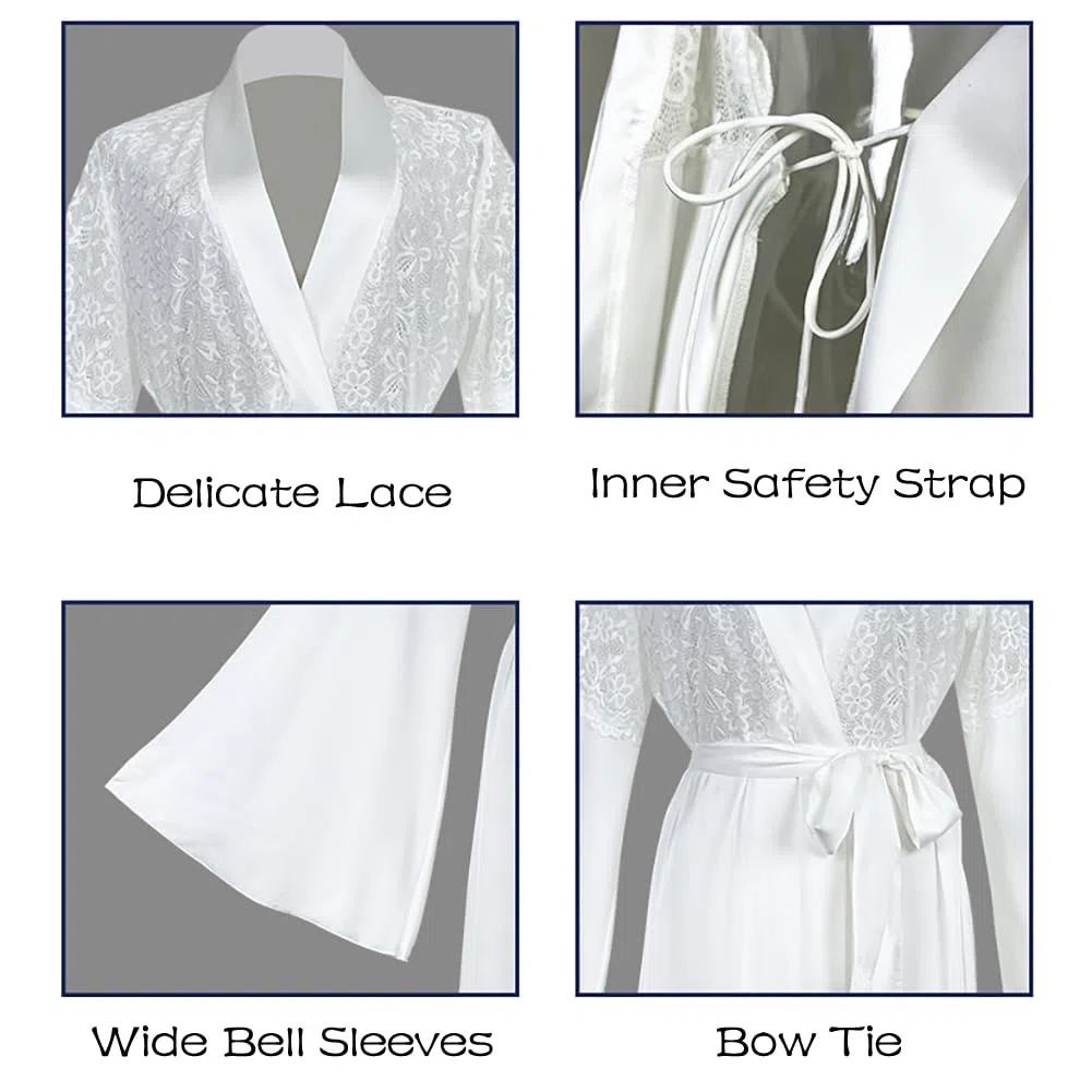 Bata de satén para novia, ropa de dormir blanca de manga larga, ropa de dormir ligera para mujer, para bodas, spa y hogar