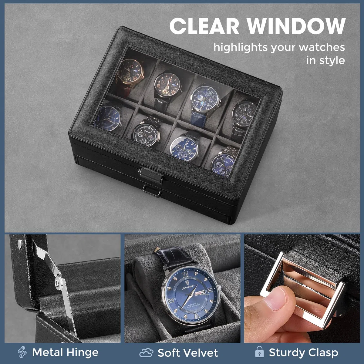Caja para Relojes para Hombre, Organizador de Joyas con cajón, Estuche de exhibición con Tapa de Cristal - Negro, 16 Ranuras