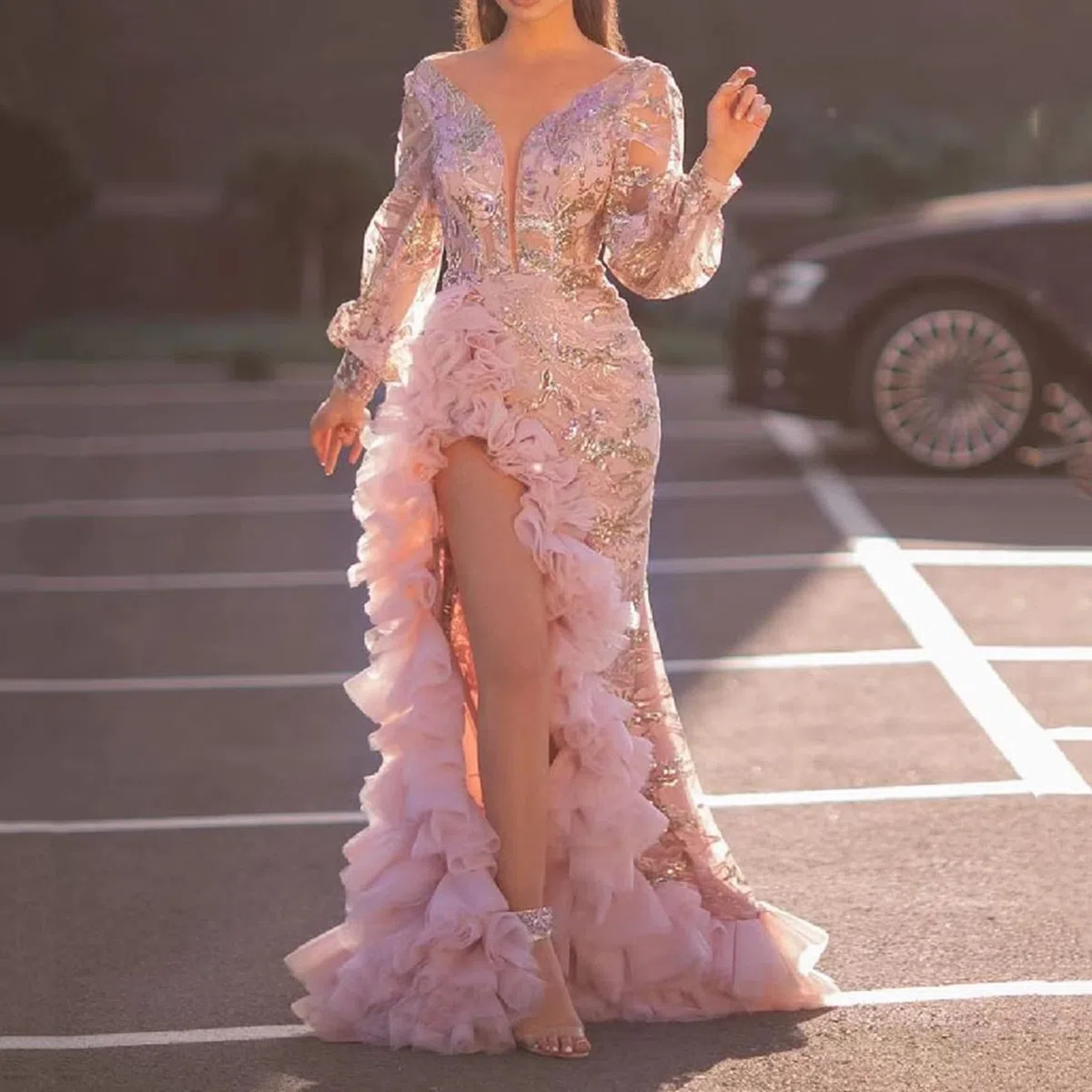 NLAVW Vestido de Noche para Mujer, Rosa, Sexy, con Escote en V Profundo, ceñido al Cuerpo, Malla con Abertura, Lentejuelas, Fiesta, graduación, Vestido Formal, Vestidos maduros