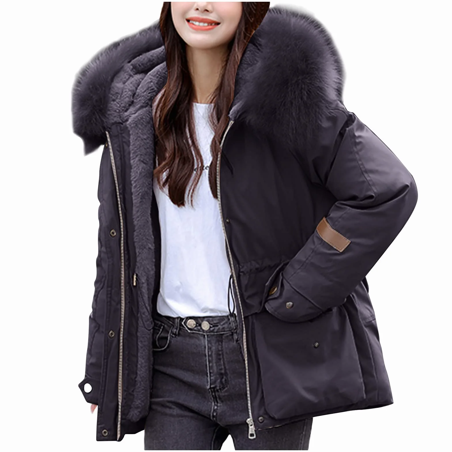 Chaqueta de invierno para mujer, moderna, cálida, acolchada, cortavientos, de piel sintética, parka con capucha, bolsillo corto, parka para exteriores, cortavientos, M - XXL