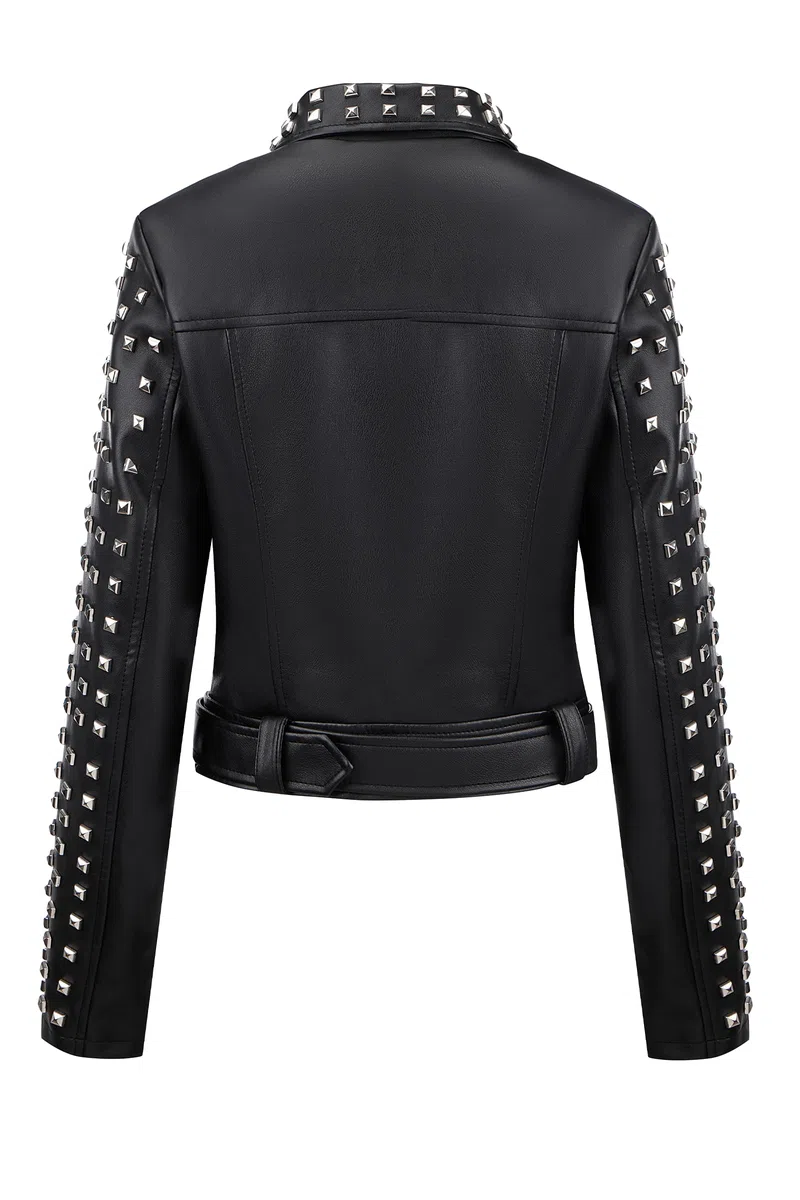 Giolshon Mujer Chaqueta de cuero sintético Remache tachonado Moto Floral Biker Abrigo de solapa corta