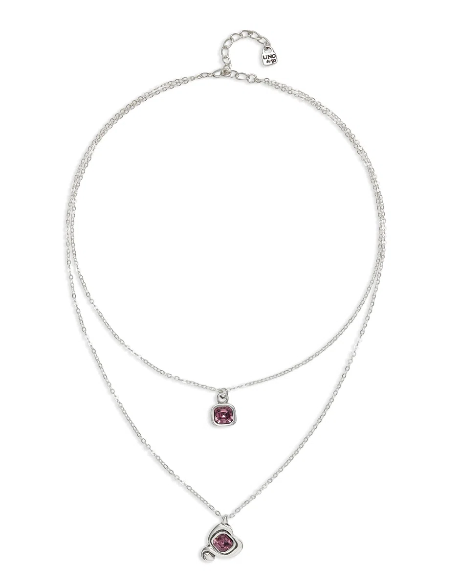 UNOde50 | Colgante De Aleacion De Metales | Bañado En Plata de Ley | Cadena Doble Y Corazon Con Cristal Rosa| Joya Artesanal | Hecho en España