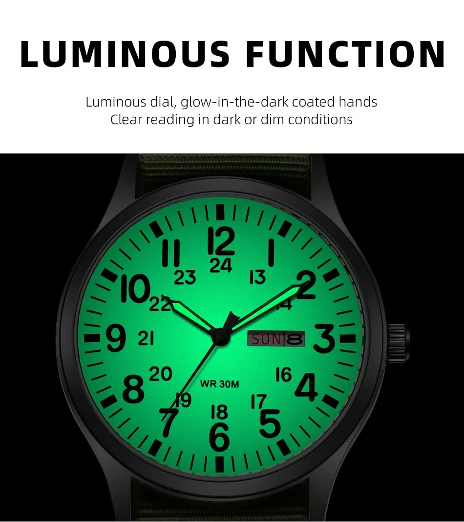 Gosasa Relojes militares unisex deportivos con correa de nailon elegante para hombre, reloj de moda luminoso, pantalla analógica, cuarzo, impermeable, reloj de pulsera casual, L-Verde Luminoso, Casual