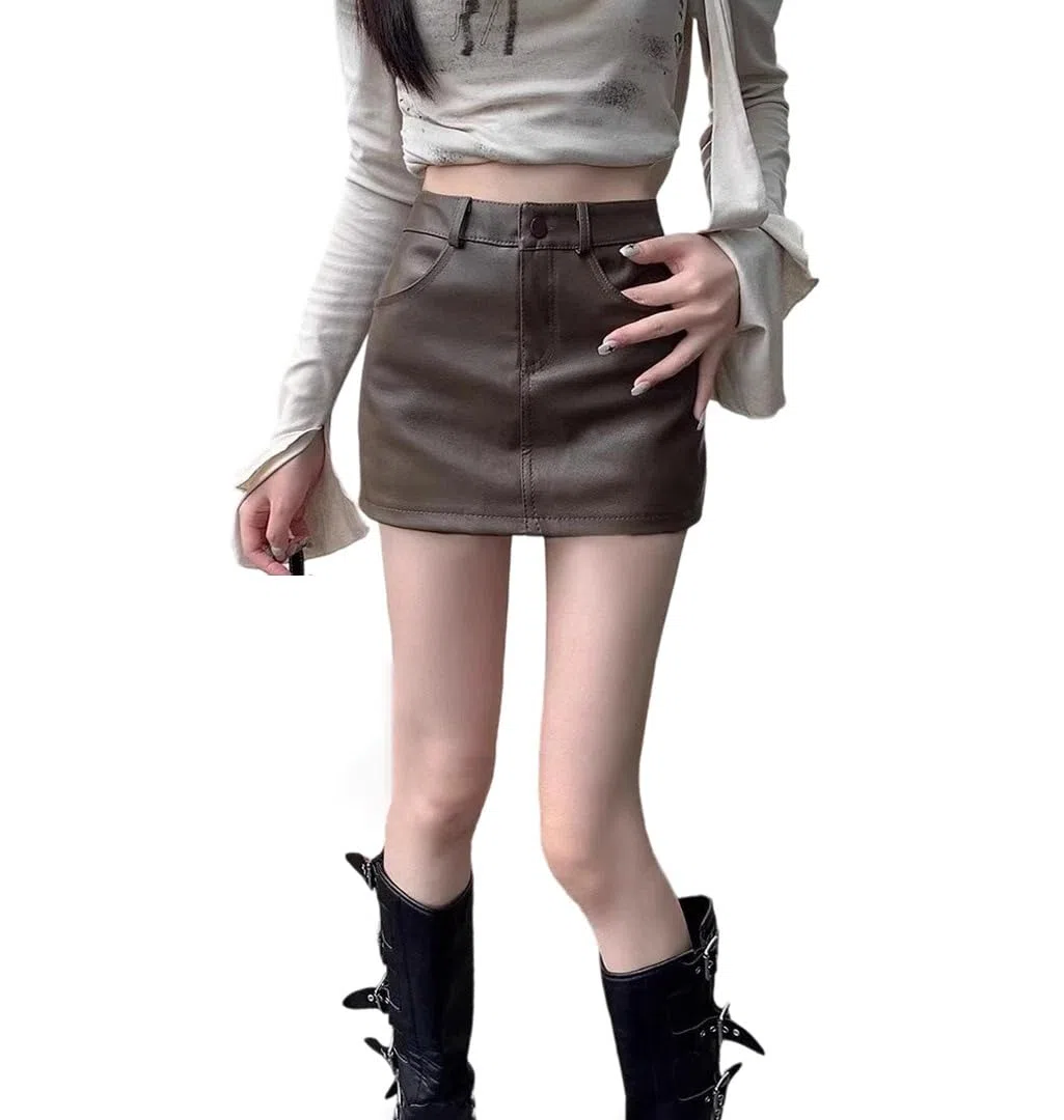 Kelsiop Falda de piel sintética para mujer, cintura alta, minifalda, color negro y marrón, pantalones cortos para discoteca