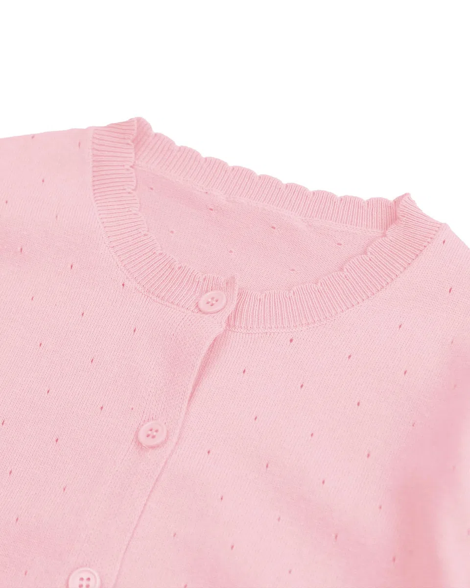 CUNYI Rebeca Mujer Corta Manga 3/4 Cárdigan Punto Ligero Cuello Redondo Suéter Elegante con Botones, Rosa M