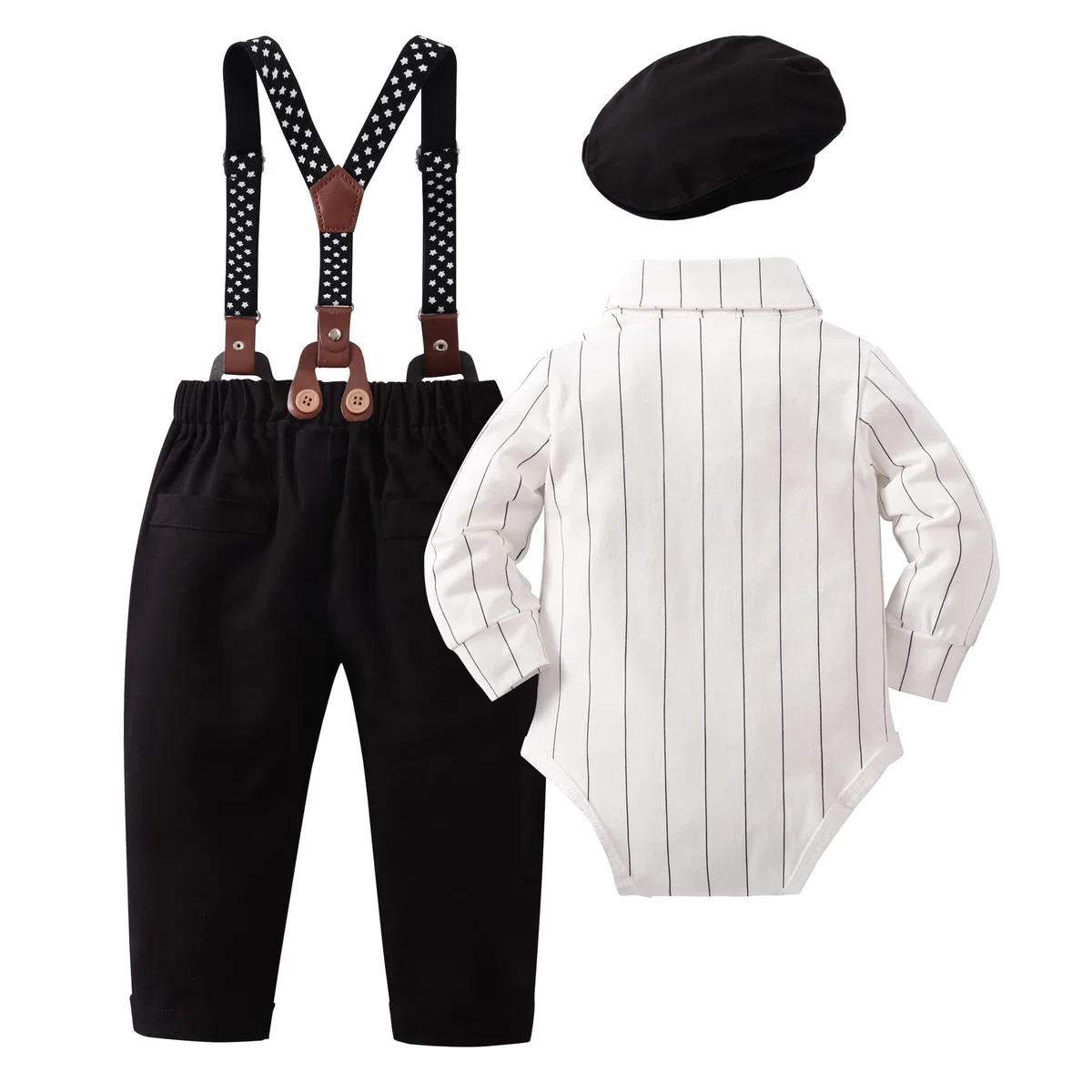 YALLET Trajes de ropa para niño, camisa de vestir formal con pajarita, chaleco y pantalones de tirantes, trajes de boda para caballeros de 6 a 10 años