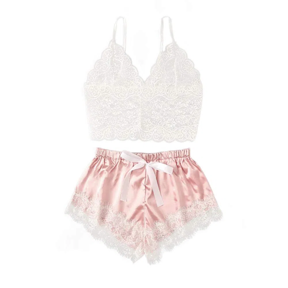 Mujer Sexy Fina Lenceria Sensual Romantico Elegante EncajeConjuntos de Pijamas para Mujer Sujetadores Sexis para Mujer Ropa de Dormir de Encaje Sexy Ropa Interior Tops Conjuntos de Bragas-Pink_XL