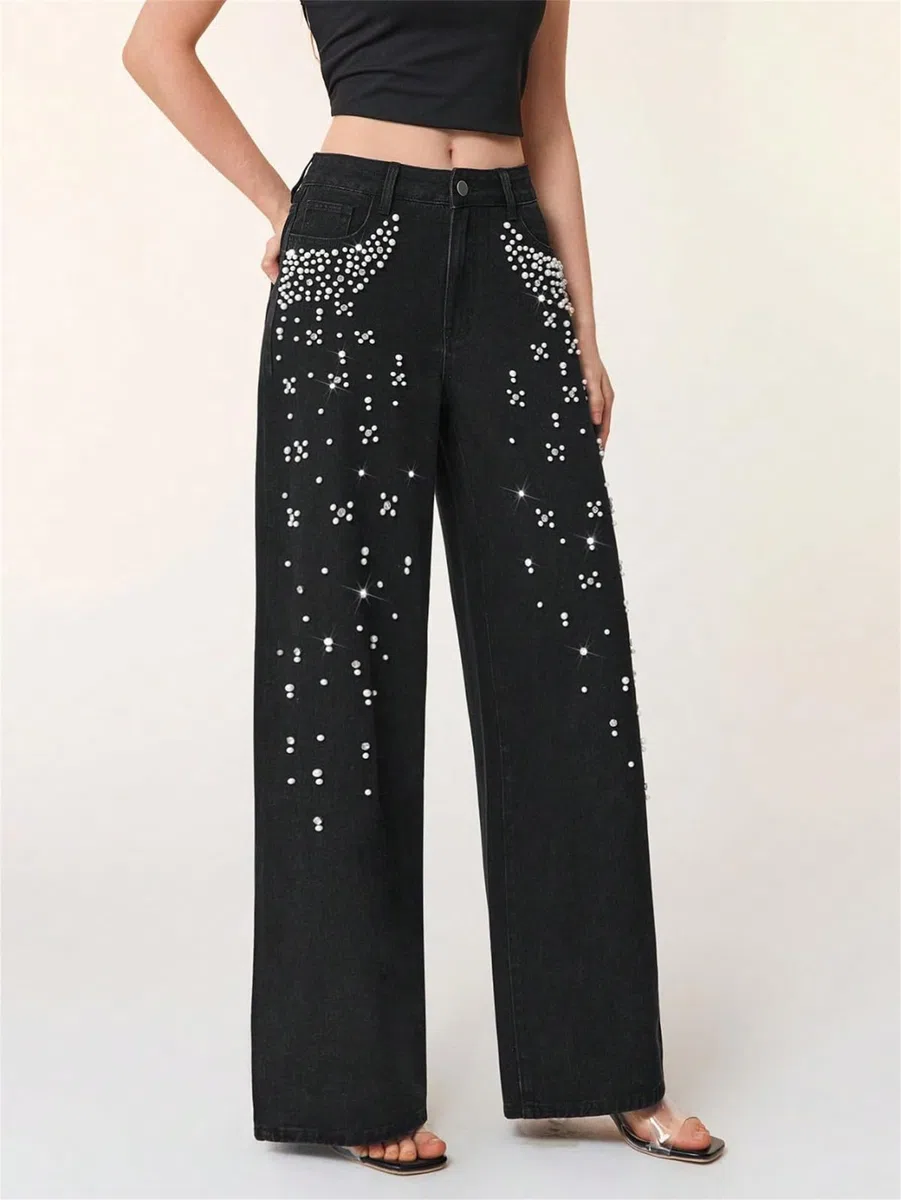 Pantalones Vaqueros De Mujer con Perlas Y Pedrería, Estilo Y2k; Corte Recto Y Ancho De Tiro Alto, Estilo Boyfriend Holgado, Casual Y De Tendencia.