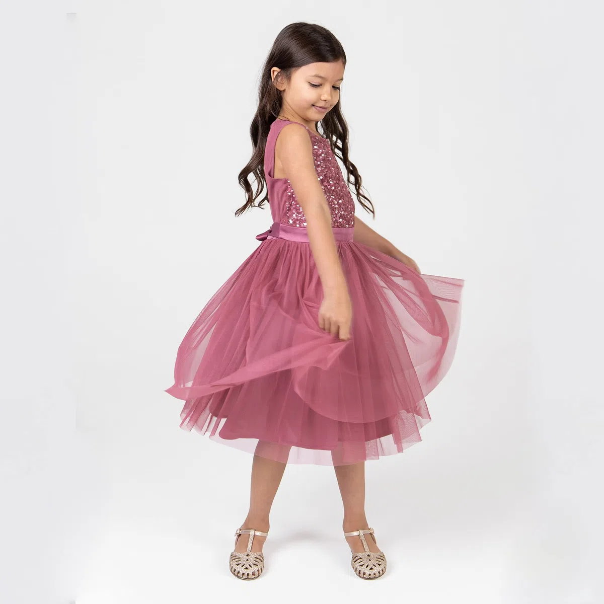 Maya Deluxe Vestido Midi para Niñas con Lentejuelas Adornadas para Fiesta, Tutú, Damas de Honor, Boda con Lazo para Cinturón Vestido Niñas