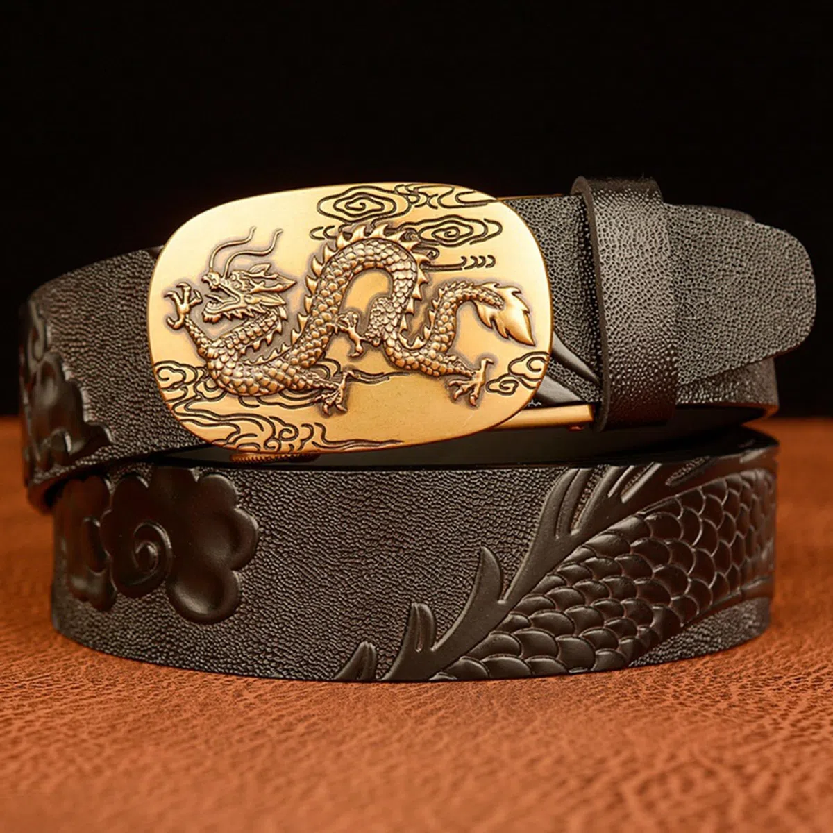 Cinturón De Vestir De Carraca para Hombre Hebilla Automática Deslizante Dragón Tallado Occidental En Relieve Cuero De Vaca De Grano Completo Correa De Grueso(125cm/49, Dragon-I)