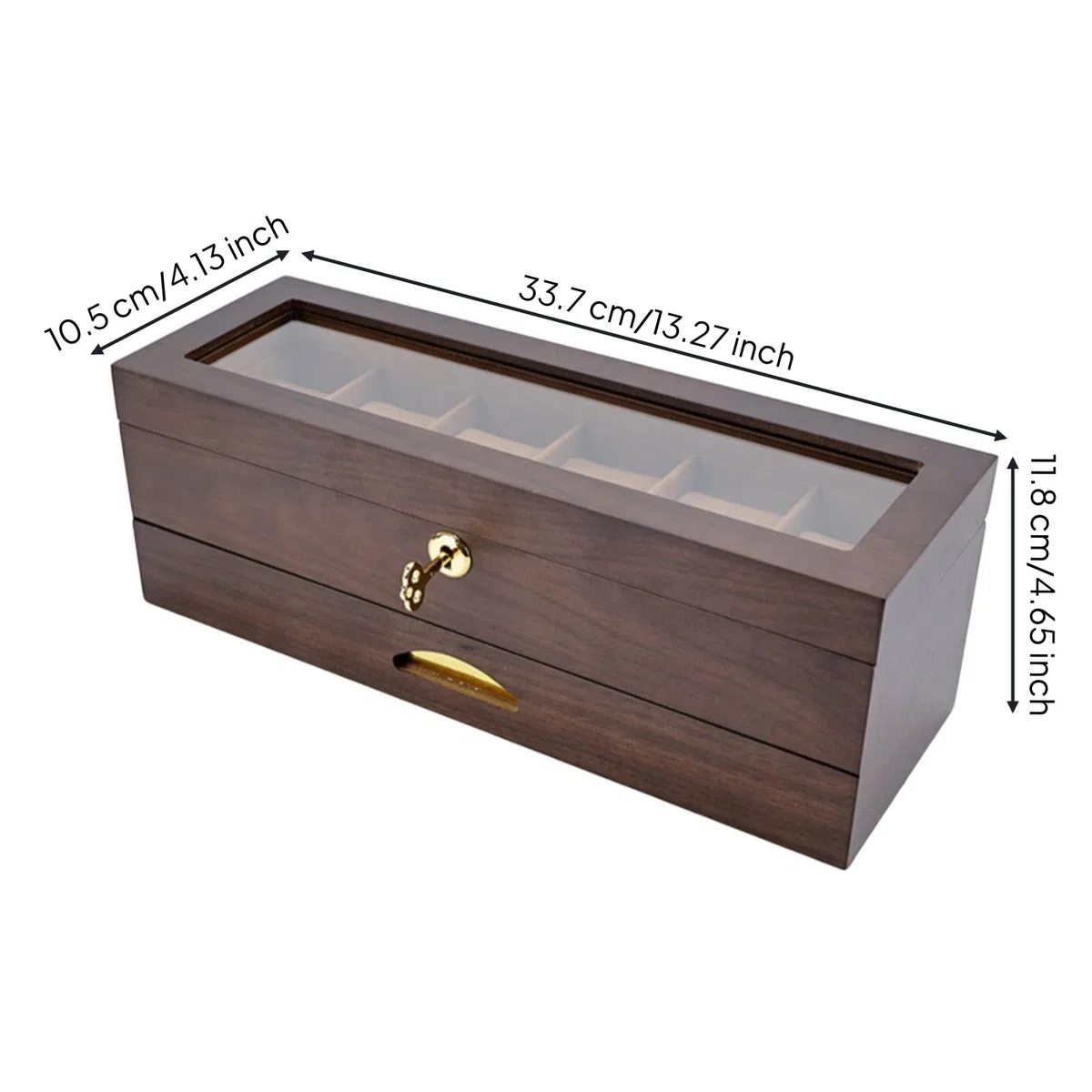 rockible Organizador Relojes con Tapa Cristal Organizado Joyero con Cierre Caja Almacenamiento Joyas para Coleccionistas, Tocador, Caja De 6 Relojes De Doble Capa Con Cajón, Acabado En Teca