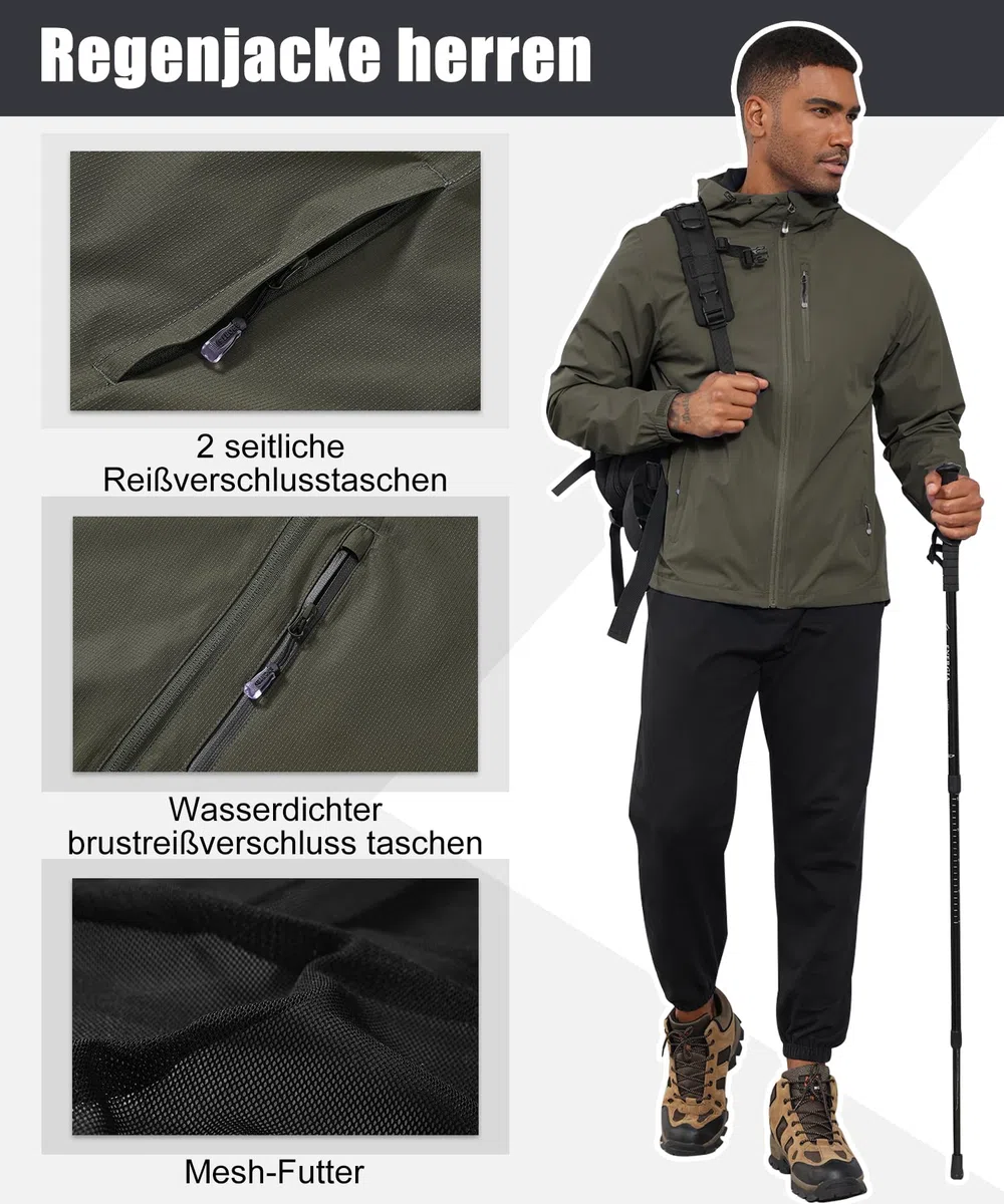 Huayuzh Chubasquero para hombre, impermeable, ligero, para camping, senderismo, transpirable, plegable, chaqueta softshell con capucha