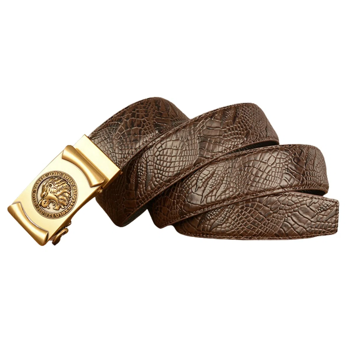 Cinturón Con Trinquete Deslizante, Piel De Vacuno Relieve Cocodrilo, Hebilla Automática Grabado León, Cintura Ajustable 110 Cm/37 Pulgadas, Negro For Uso Informal Y Negocios