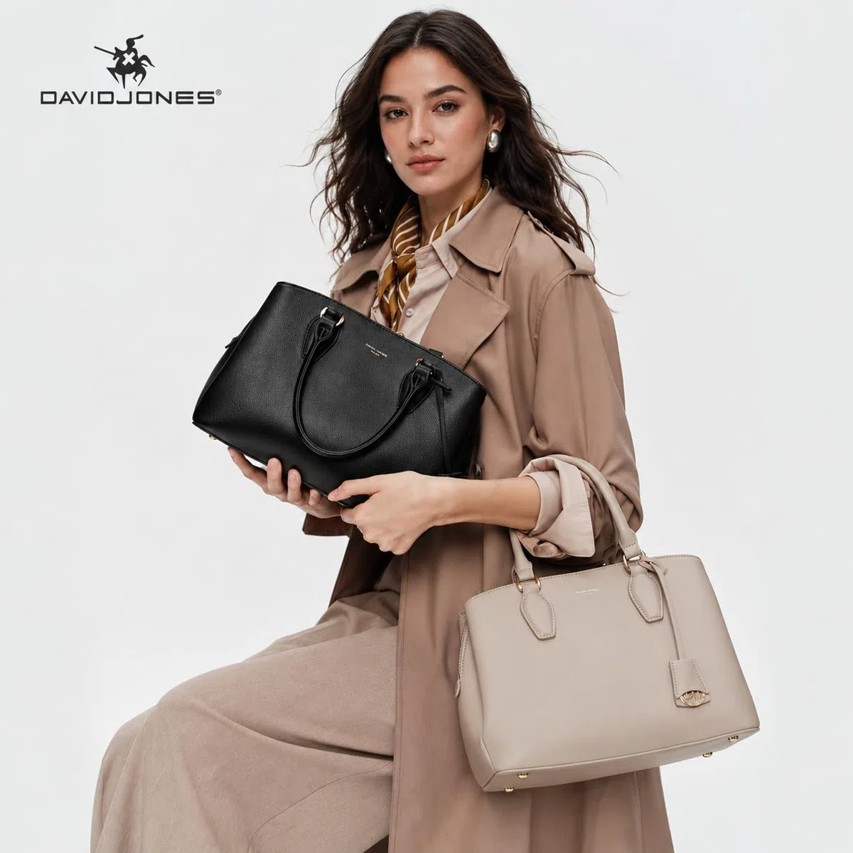 David Jones – Bolso de mano para mujer – Bolso de mano de piel sintética – Hombro – Varios compartimentos con 3 bolsillos – Tote Ville Trabajo Elegante Clásico Chic Moda, beige, talla única