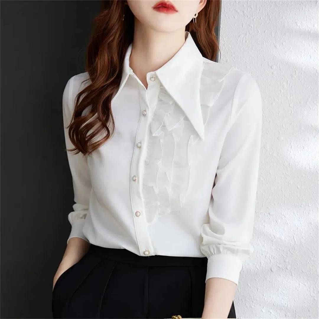 Camisa de manga larga para mujer, blusas formales de gasa para oficina y trabajo, caqui, XXL