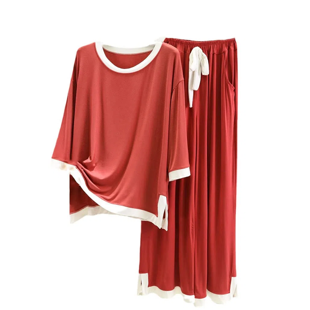 Pijamas de primavera para mujer, conjuntos de pijama de algodón modal, trajes sueltos para el hogar, conjuntos de 2 piezas, ropa cómoda para el hogar, rosso, L