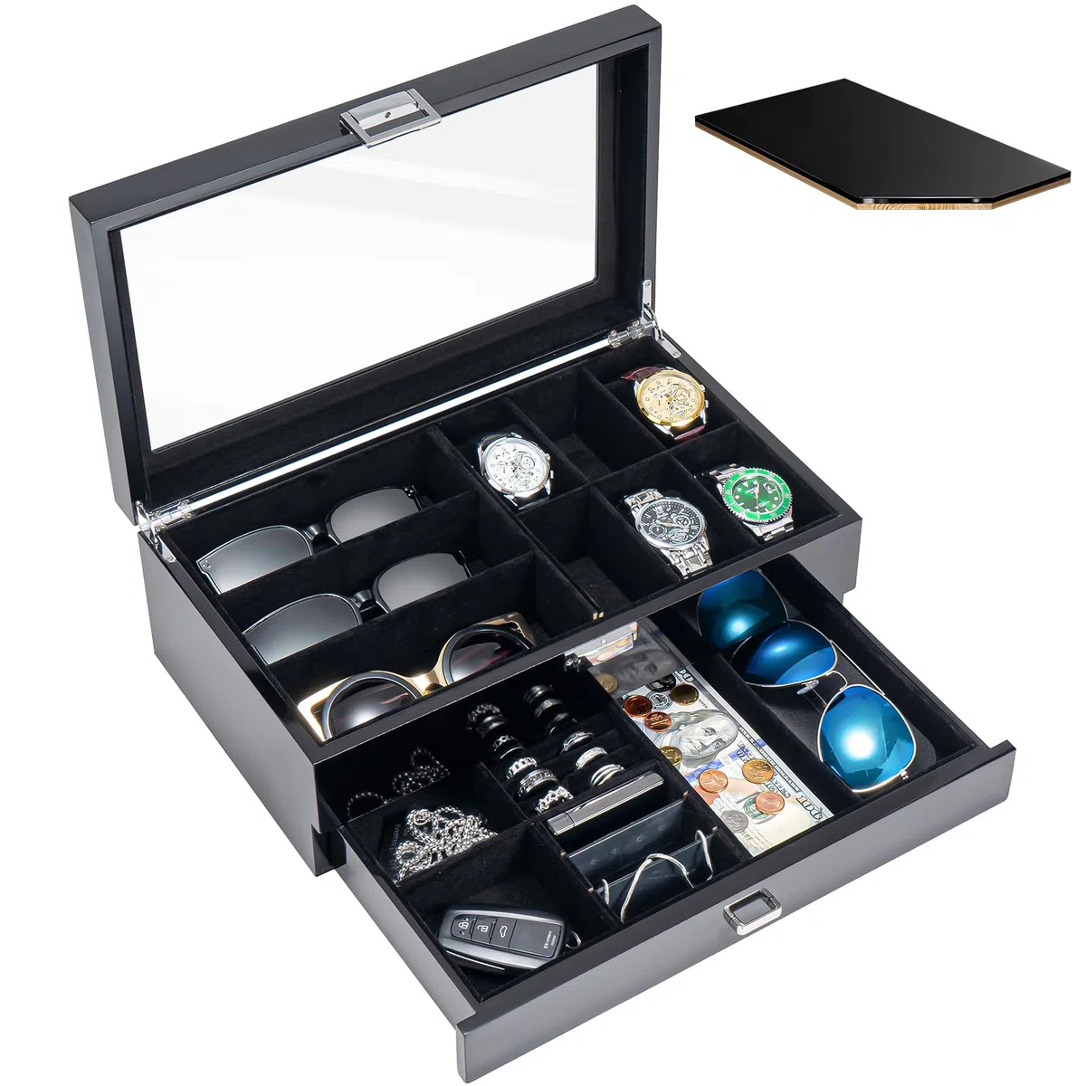ProCase Caja para Relojes y Gafas, Estuche para Reloj y Joyero Almacenamiento con Tapa de Cristal Cajón para Anillos Pulseras -Negro