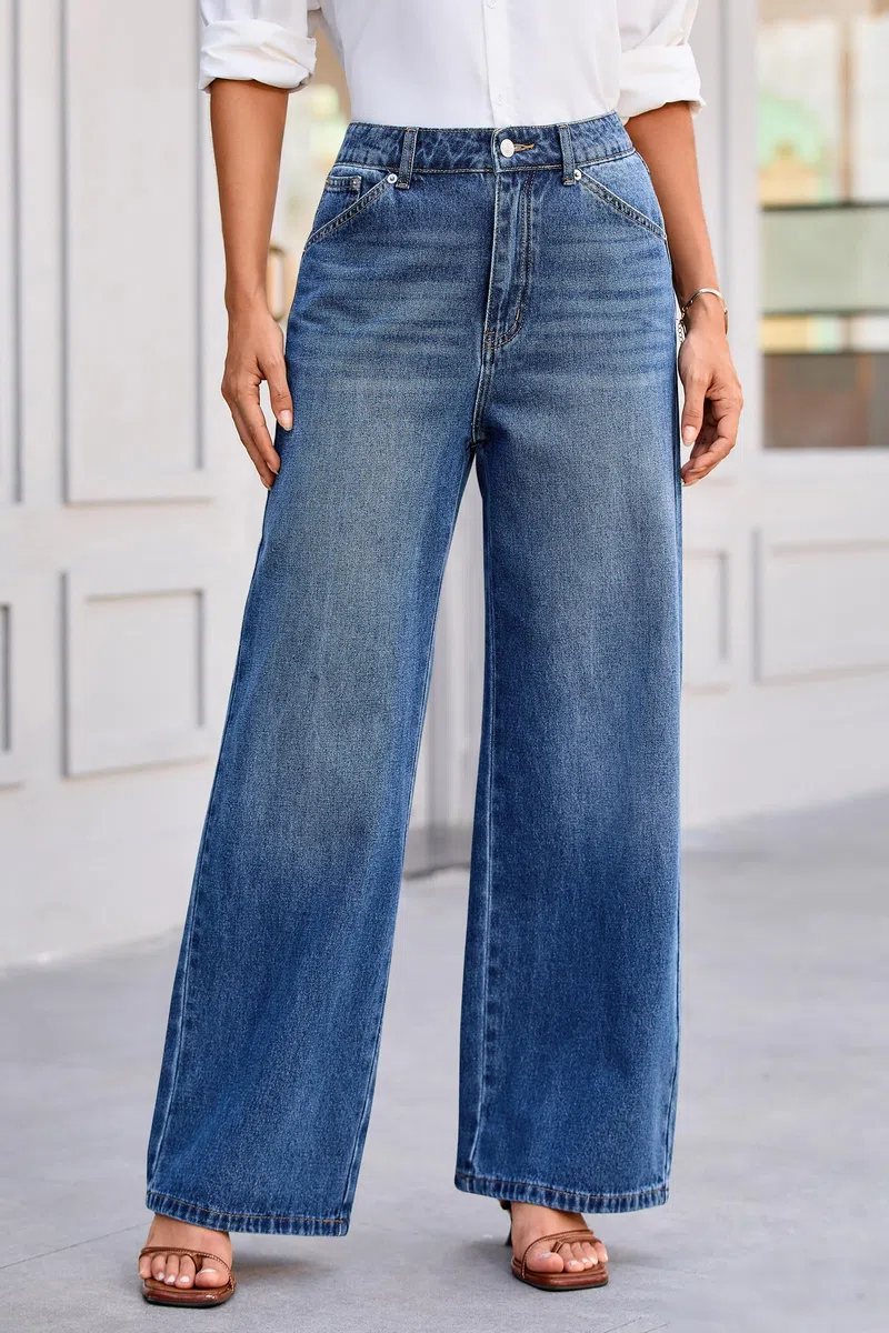 Cicy Bell Pantalones vaqueros de cintura alta para mujer, pantalones vaqueros holgados, pantalones de mezclilla tipo boyfriend con pierna ancha y bolsillos