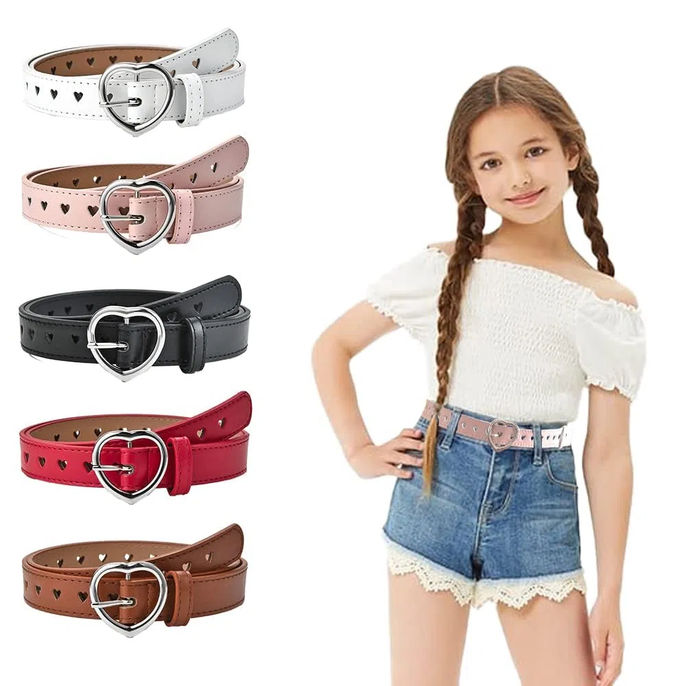 5 cinturones para niñas con forma de corazón con hebilla de metal, elástico y ajustable, para vestido de mezclilla para niñas