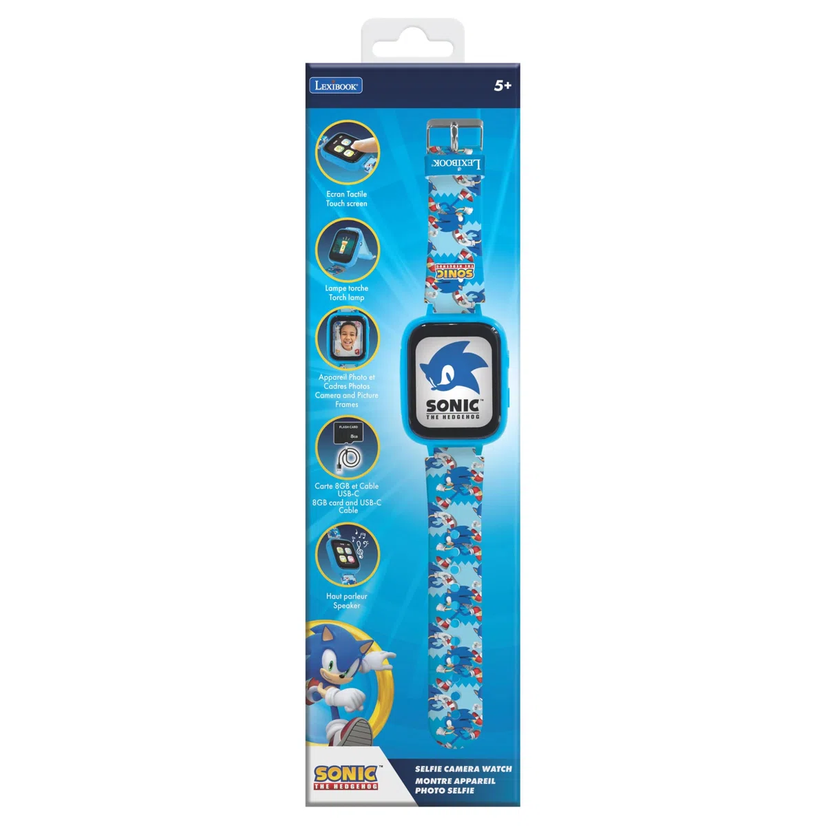 LEXIBOOK, Sonic, Reloj con Cámara, DMW070SNLXB | Pantalla táctil HD, cámara, MP3, altavoz, podómetro, 5 juegos