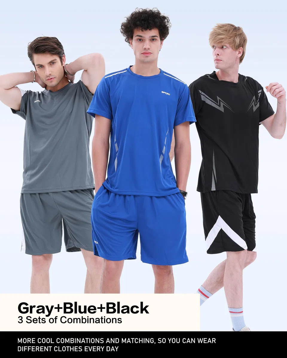 BOOMCOOL Ropa de gimnasio para hombre, camisas de entrenamiento para hombre, conjuntos de 6 piezas de camisas y pantalones cortos