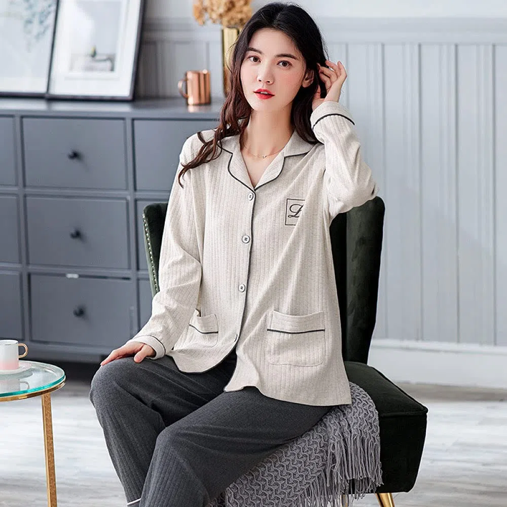 Manga Larga Pijama De Mujer De Dos Piezas,Conjunto De Pijama De Manga Larga para Mujer, Cuello Clásico con Muesca, Simplicidad, Suave Y Cómodo, Algodón, Ropa De Salón, Pijama De Otoño Invierno