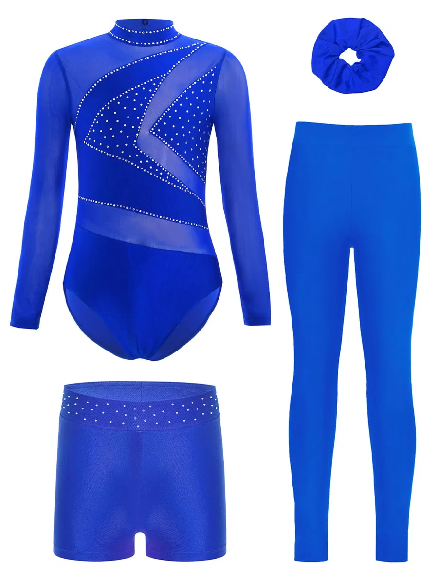 TiaoBug Conjunto De Baile Para Niñas Leotardo Gimnasia Rítmica Manga Larga Con Pantalones Cortos Y Leggings Traje De Patinaje Artístico Azul 13-14 años