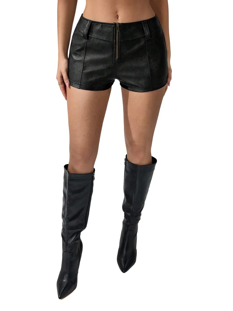 GORGLITTER Pantalones cortos elegantes para mujer, cintura baja, pantalones cortos de piel con cremallera, pantalones cortos, pantalones cortos para el tiempo libre, minipantalones cortos para fiesta