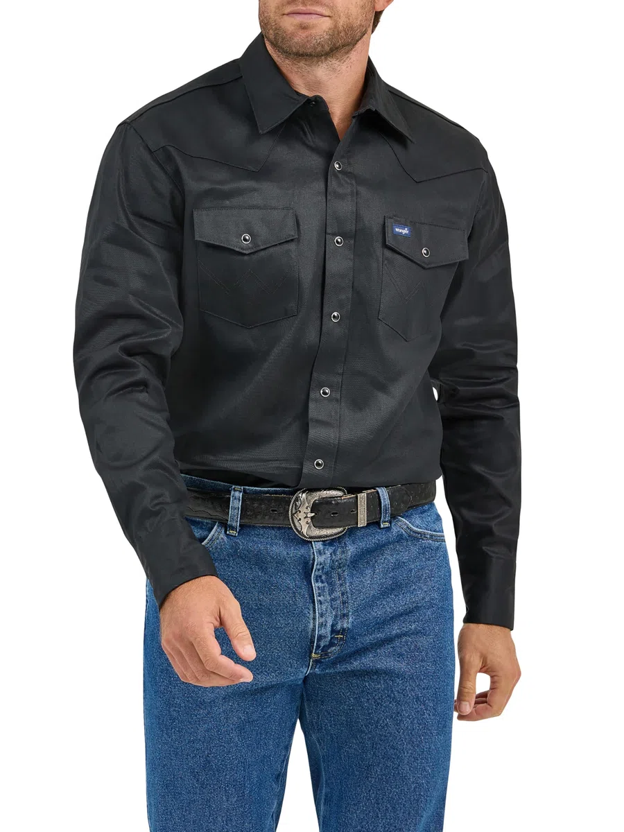 Wrangler Camisa de Trabajo de Manga Larga para Hombre, Corte Vaquero, Acabado Firme, Negro -, 3X Alto