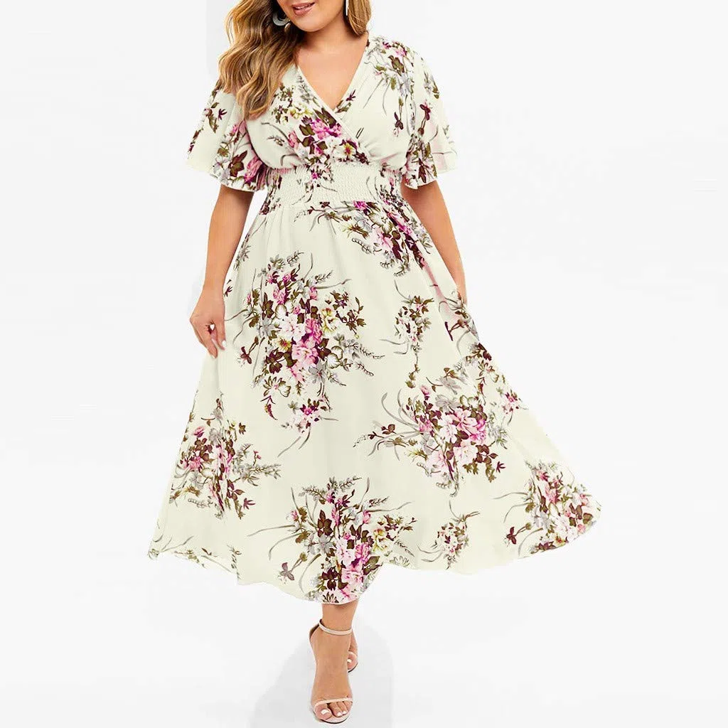 QWUVEDS Talla Casual Ropa Corta Mujer Manga Cuello en V Flores Estampado Plus Moda Plus Tamaño Vestido Mujer Tallas Grandes Vestido de Boda Vestido de Verano para Mujer Elegante Sexy