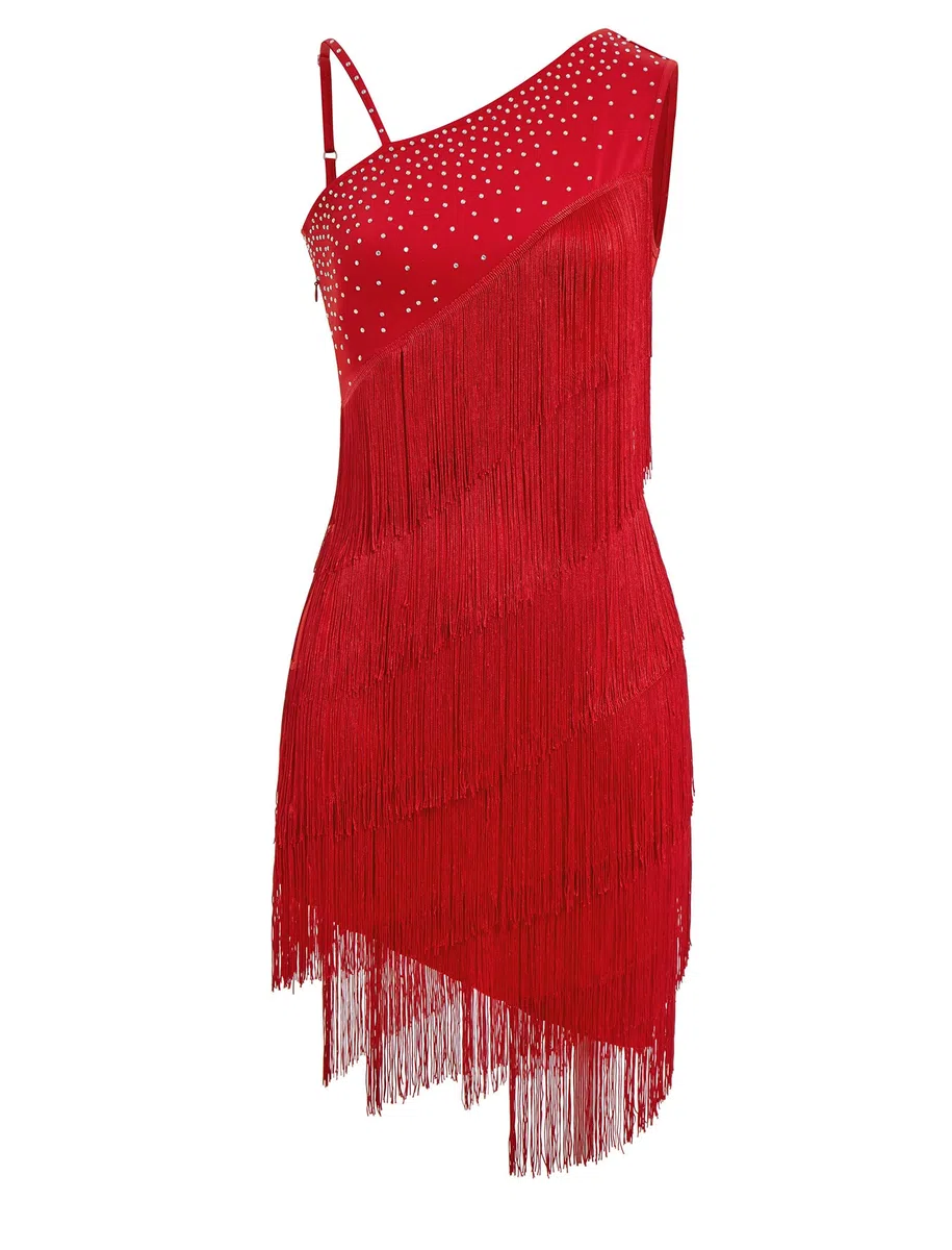 Vestido de baile latino asimétrico con flecos de diamantes de imitación de un hombro para mujer, vestido de baile latino de los años 20, con lentejuelas, borlas, vestido de salsa, cha-cha